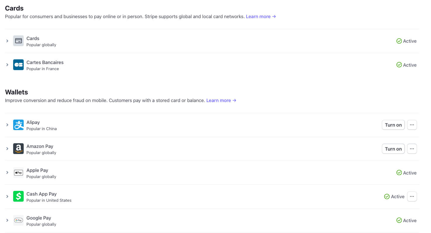 Screenshot of Stripe additional payment methods