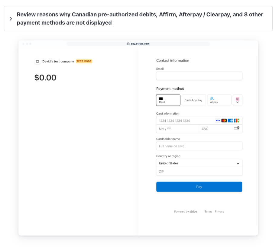 Screenshot of Stripe checkout page