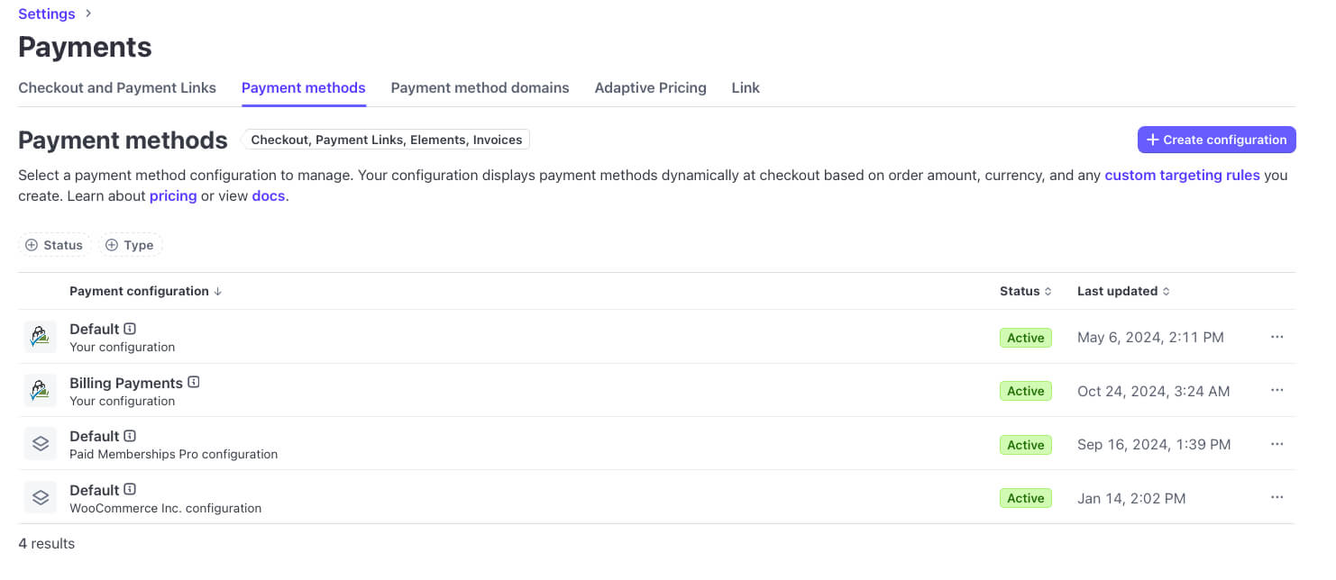 Screenshot of Stripe payment method settings