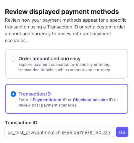 Screenshot of Stripe troubleshoot tool transaction ID