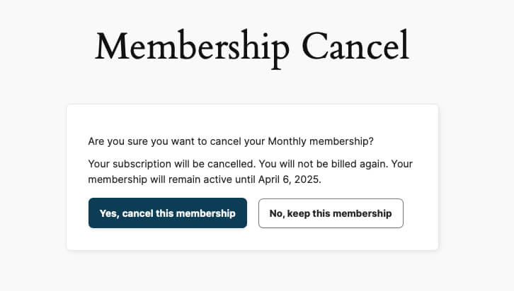 Screenshot of Membership Cancel popup for troubleshooting cancellations