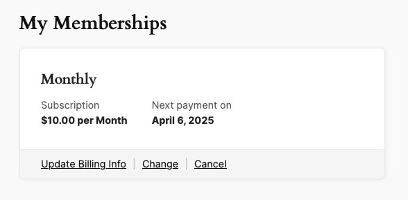 Screenshot of membership subscription next payment date