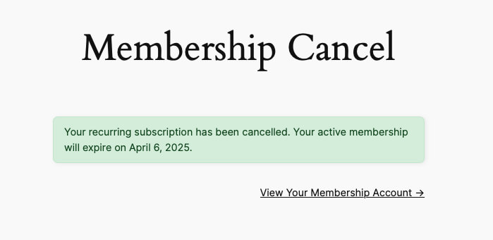 Screenshot of Membership Cancel popup with recurring subscription cancelled